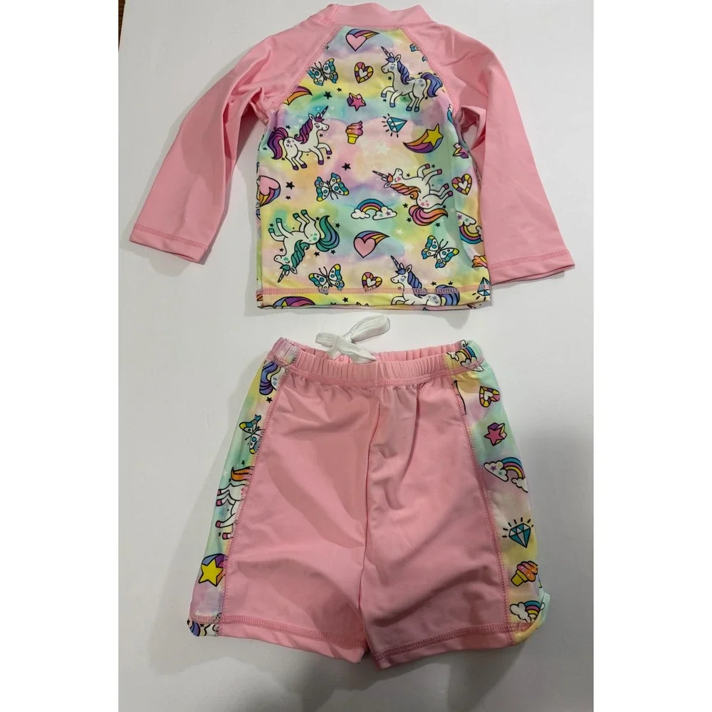 Kids Girls Pink Unicorn Rainbow Rash‎ Guard Swimsuit Set 12M UPF 50+